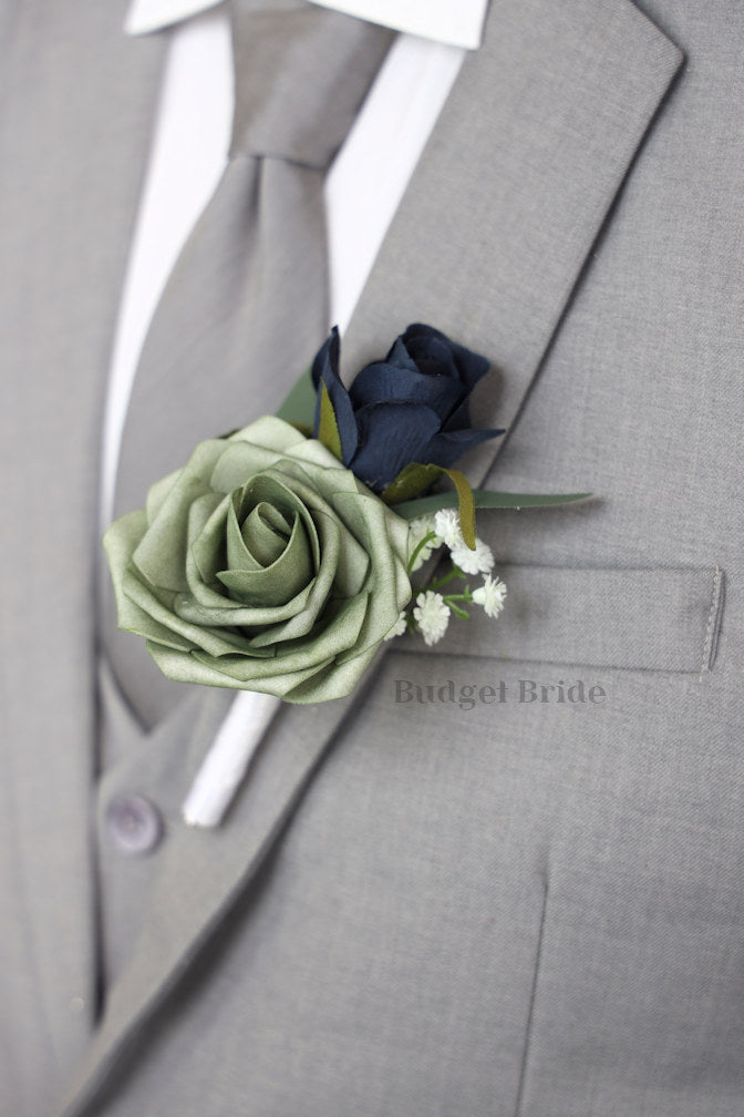 Sage Green and Navy Blue Silk Wedding Bouquet   - $39.50 | Flynn