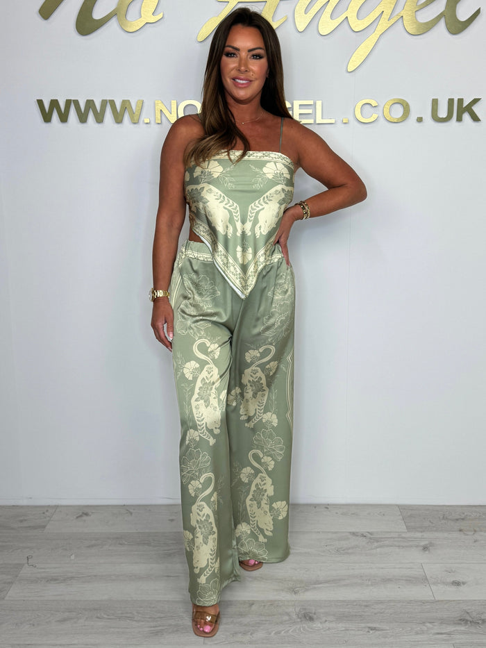 Satin Tiger Leaf Print Scarf Style Top & Trouser Co-Ord (4 Colours)