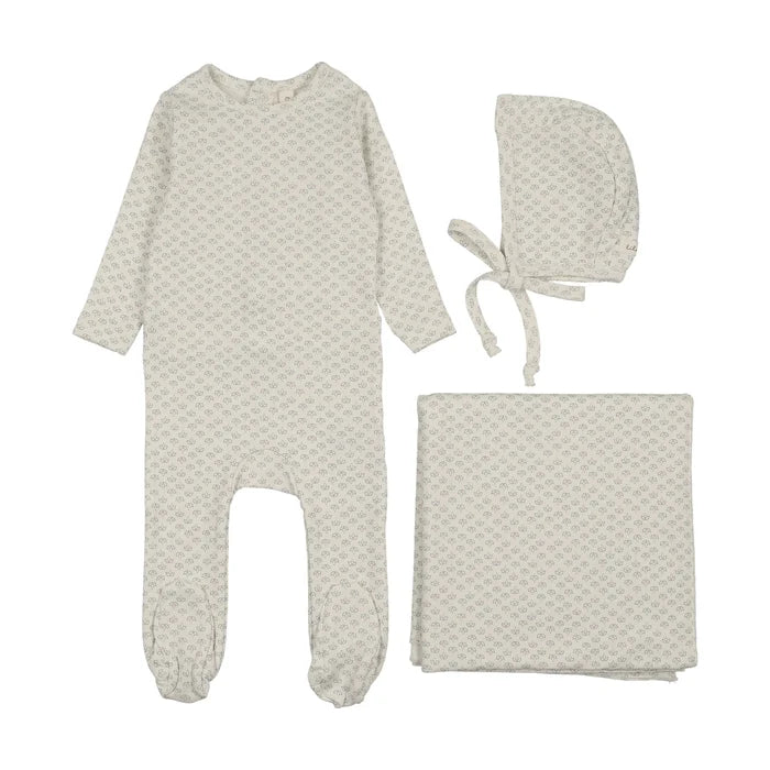 set footie bitsy floral with bonnet and blanket - cream/blue
