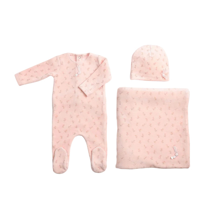 set footie blossoms print velour with beanie and blanket - pearly pink
