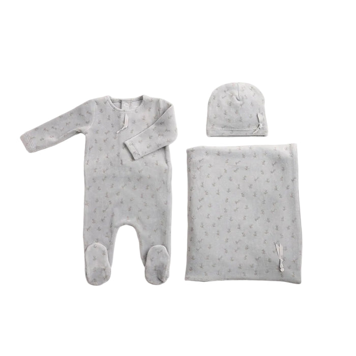 set footie blossoms print velour with hat and blanket - sky blue
