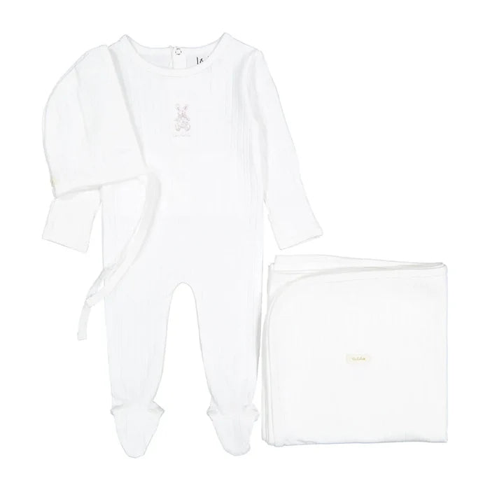 set footie cotton bunny with bonnet and blanket - rose