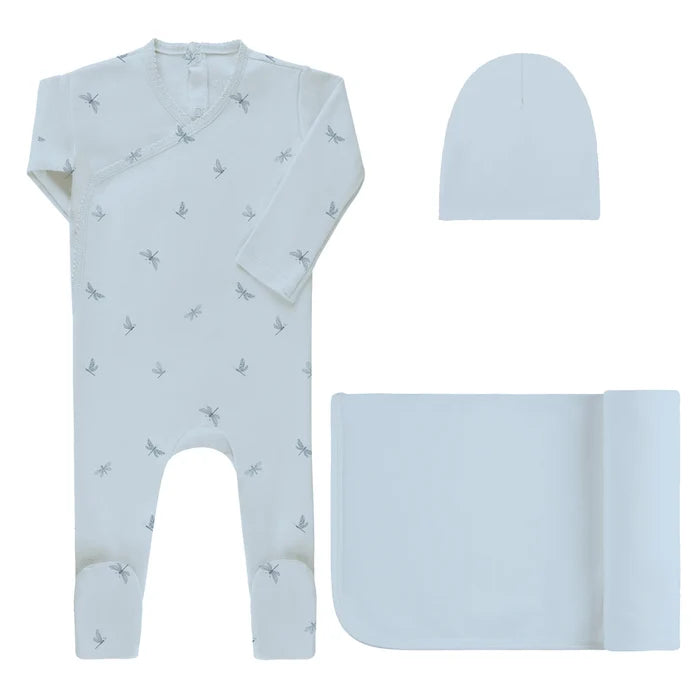 set footie dragonfly mock wrap with beanie and blanket - blue