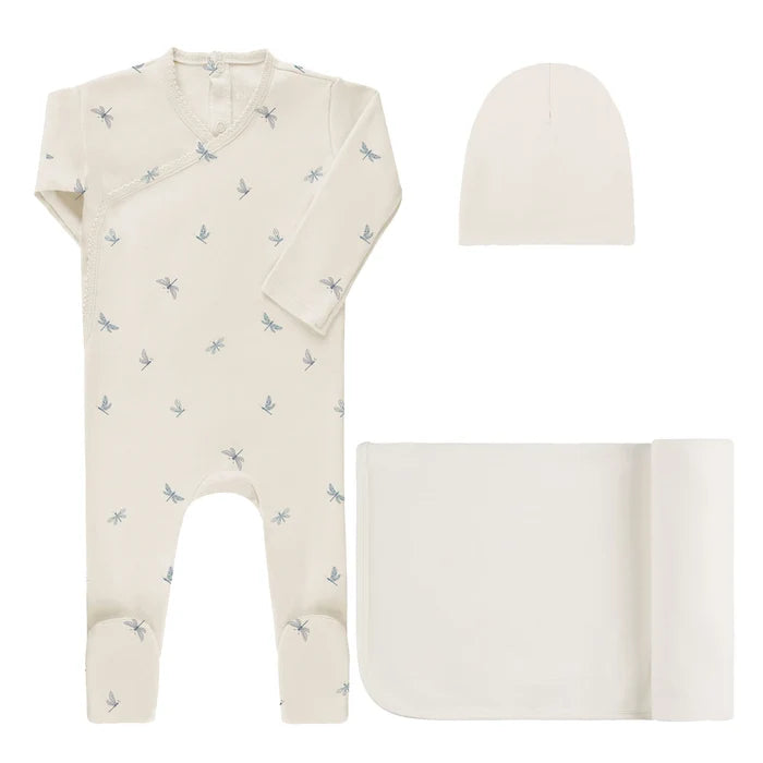 set footie dragonfly mock wrap with beanie and blanket - ivory blue