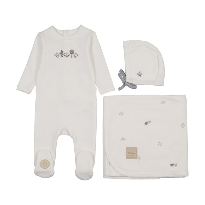 set footie embroidered garden with bonnet and blanket - ivory/blue