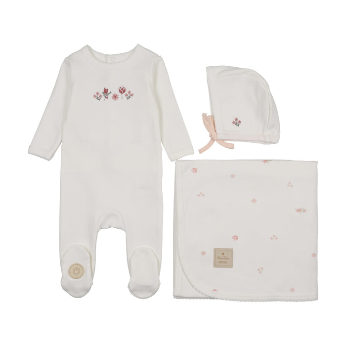 set footie embroidered garden with bonnet and blanket - ivory/pink