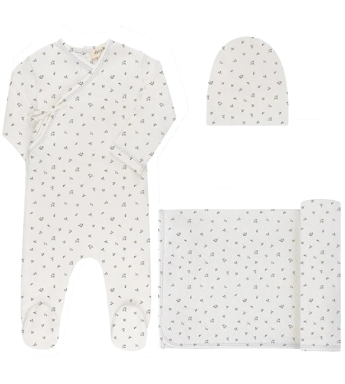 set footie floral print mock wrap with beanie and blanket - ivory/blue