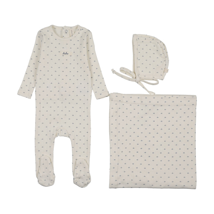 set footie floret print pointelle with bonnet and blanket - cream/blue
