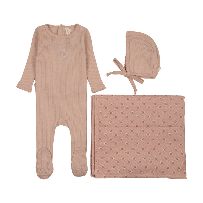 set footie geo floral embroidered pointelle with bonnet and blanket - dusty pink
