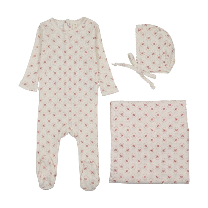 set footie geo floral printed with bonnet and blanket - cream/pink