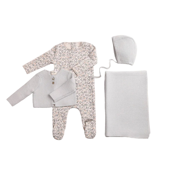 set footie petites fleurs with cardigan beanie and blanket - dusty blue