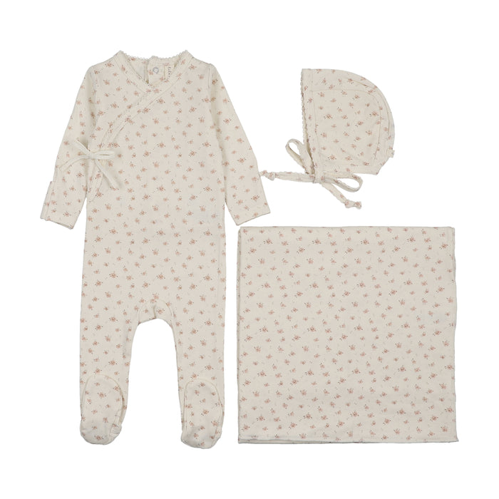 set footie printed wrapover with bonnet and blanket - cream/pink