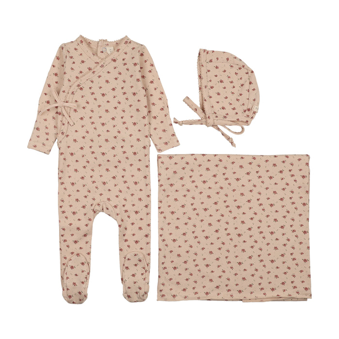 set footie printed wrapover with bonnet and blanket - petal