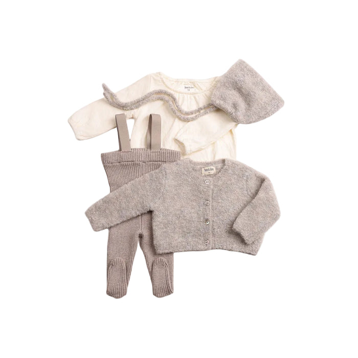 set knit pointelle shirt and rib knit overalls with wool cardigan and bonnet - toasted oat