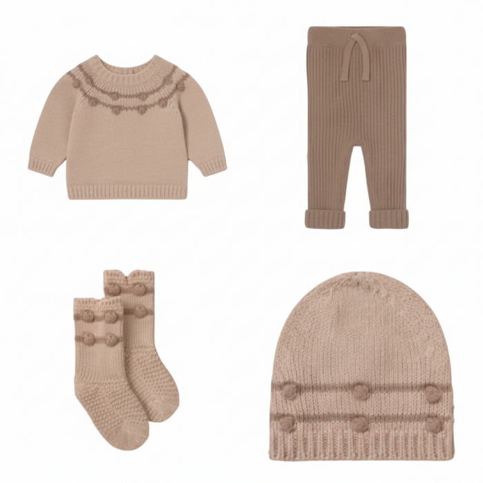 set knit pompome knit sweater and leggings with hat and booties - candy/bloom