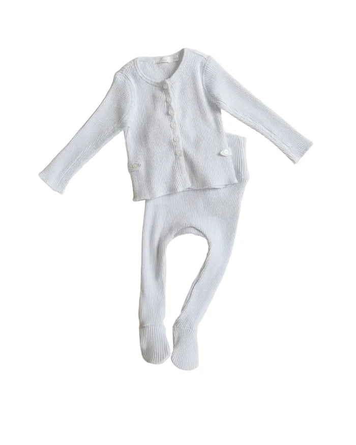 set knit ribbed slub cardigan and footie pants with beanie - barely blue