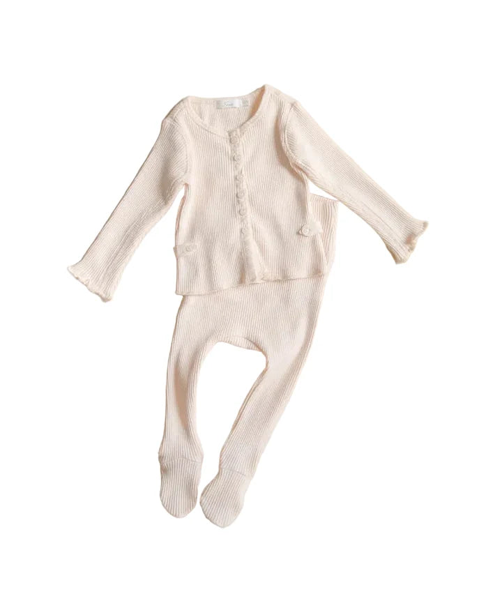 set knit ribbed slub cardigan and footie pants with beanie - barely pink