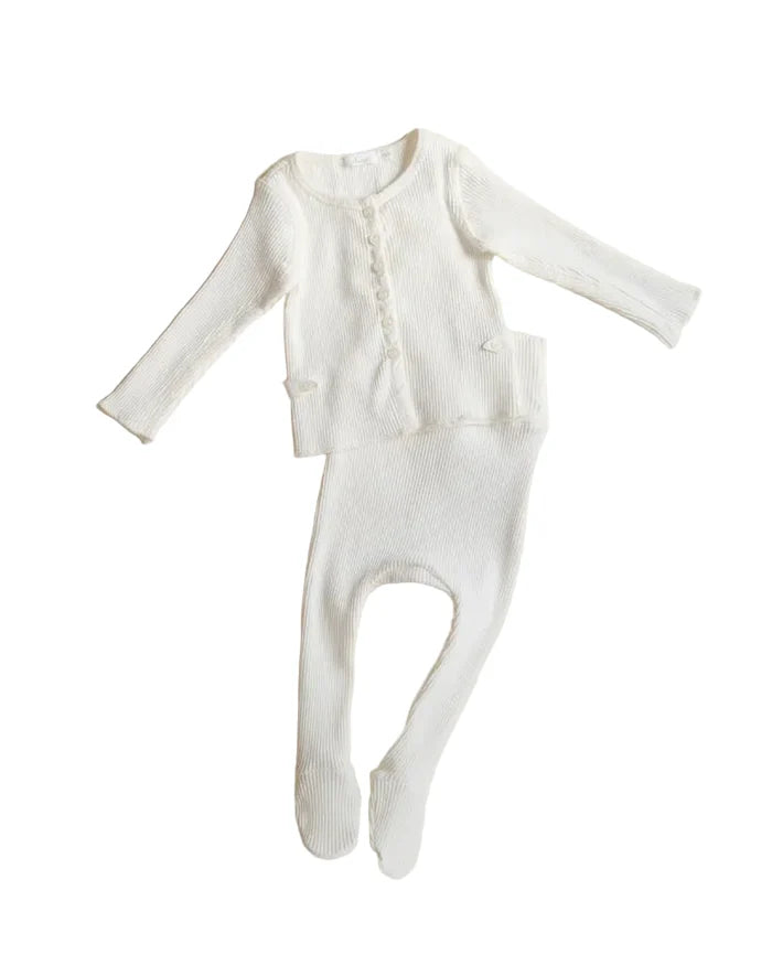 set knit ribbed slub cardigan and footie pants with beanie - dove white