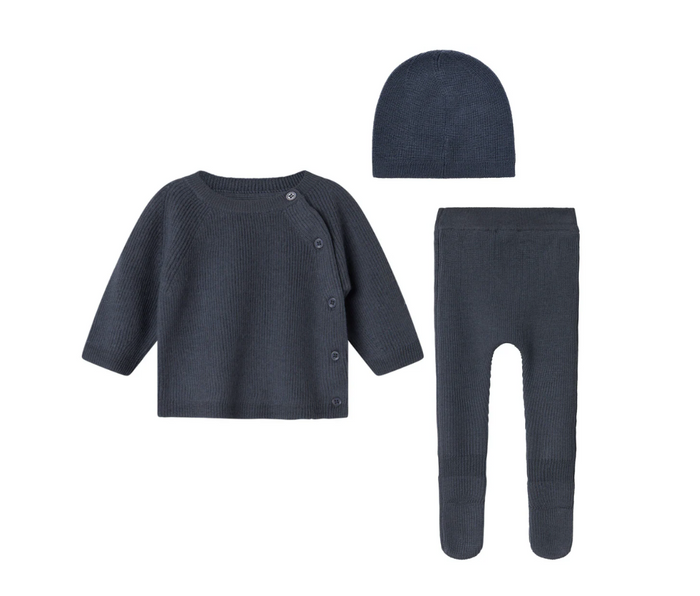 set knit wool wrap button top and footie pants with beanie - blue