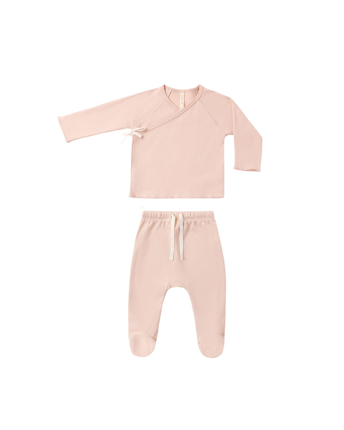 set knit wrap top and footie pants with knot beanie - dusty rose