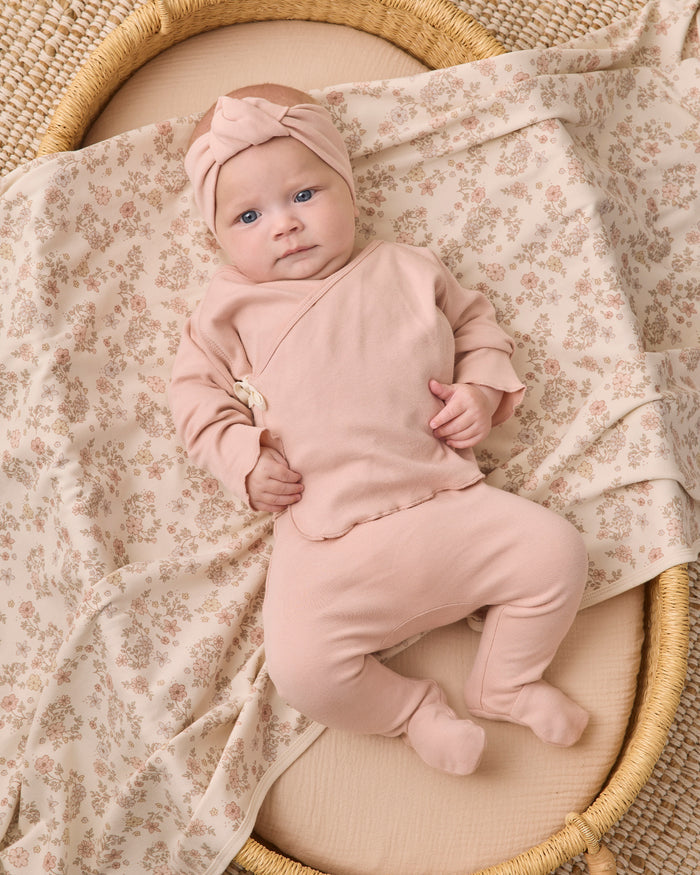 set knit wrap top and footie pants with knot beanie - dusty rose