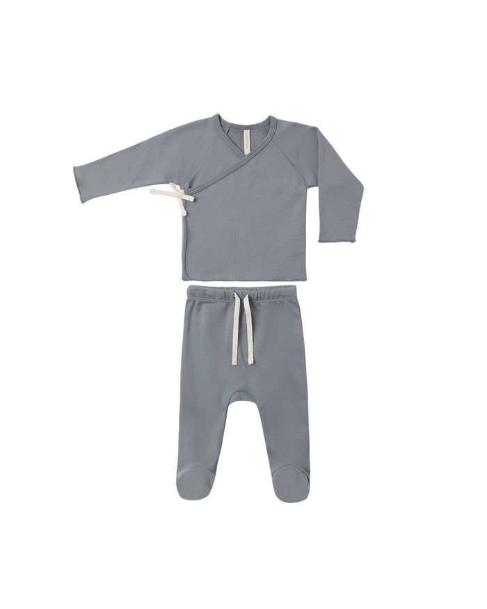 set knit wrap top and footie pants with knot beanie - slate