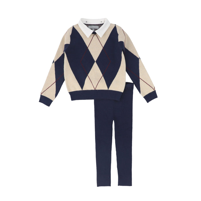 set outfit argyle knit collared sweater and leggings - navy