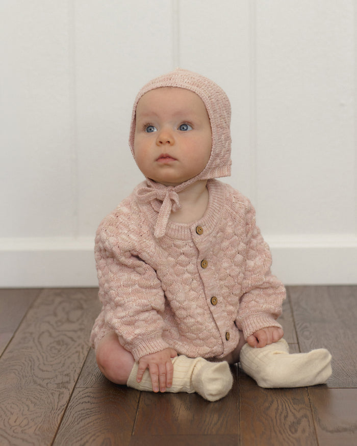 set outfit bubble knit cardigan and bloomers with bonnet - dusty rose