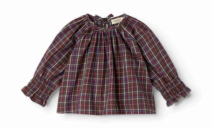 set outfit plaid back tie blouse and bloomers - chocolate check