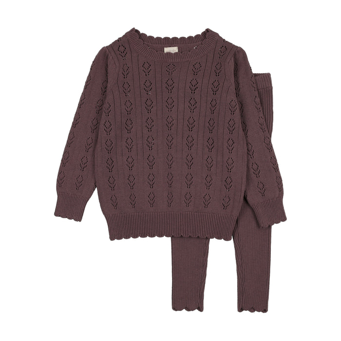 set outfit pointelle scalloped sweater and leggings - vintage purple