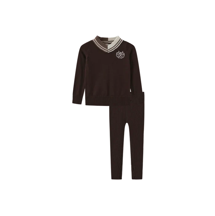 set outfit striped trim crest sweater and leggings - brown