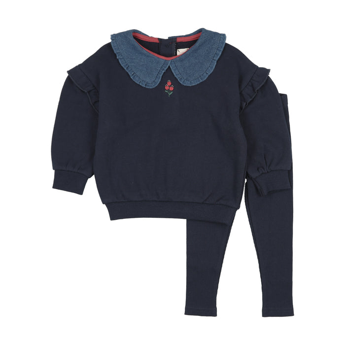 set outfit sweet campaign denim collar ruffle sweatshirt and leggings - navy