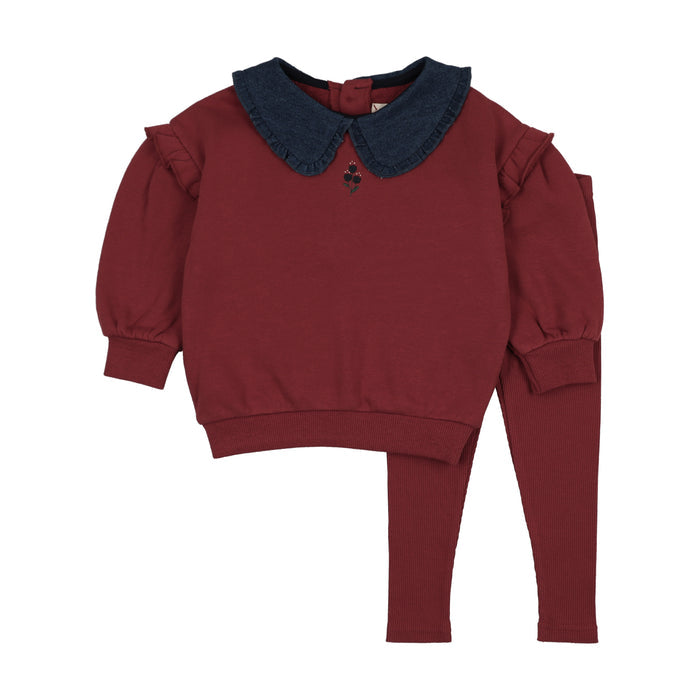 set outfit sweet campaign denim collar ruffle sweatshirt and leggings - vintage red