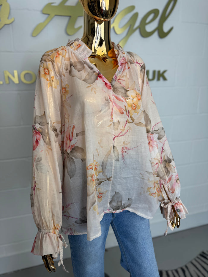 Sheer Floral Frill Collar & Sleeve Blouse (2 Colours)