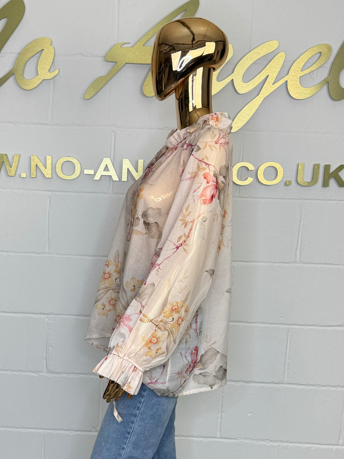 Sheer Floral Frill Collar & Sleeve Blouse (2 Colours)