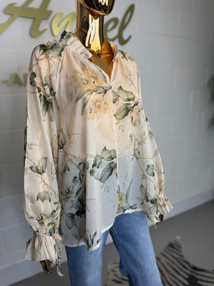Sheer Floral Frill Collar & Sleeve Blouse (2 Colours)