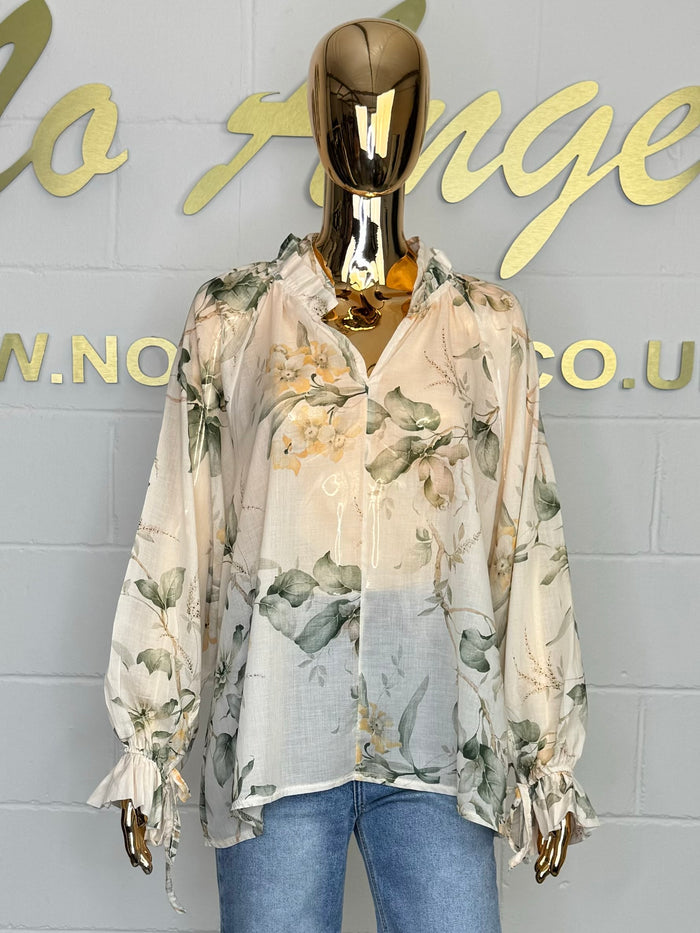 Sheer Floral Frill Collar & Sleeve Blouse (2 Colours)