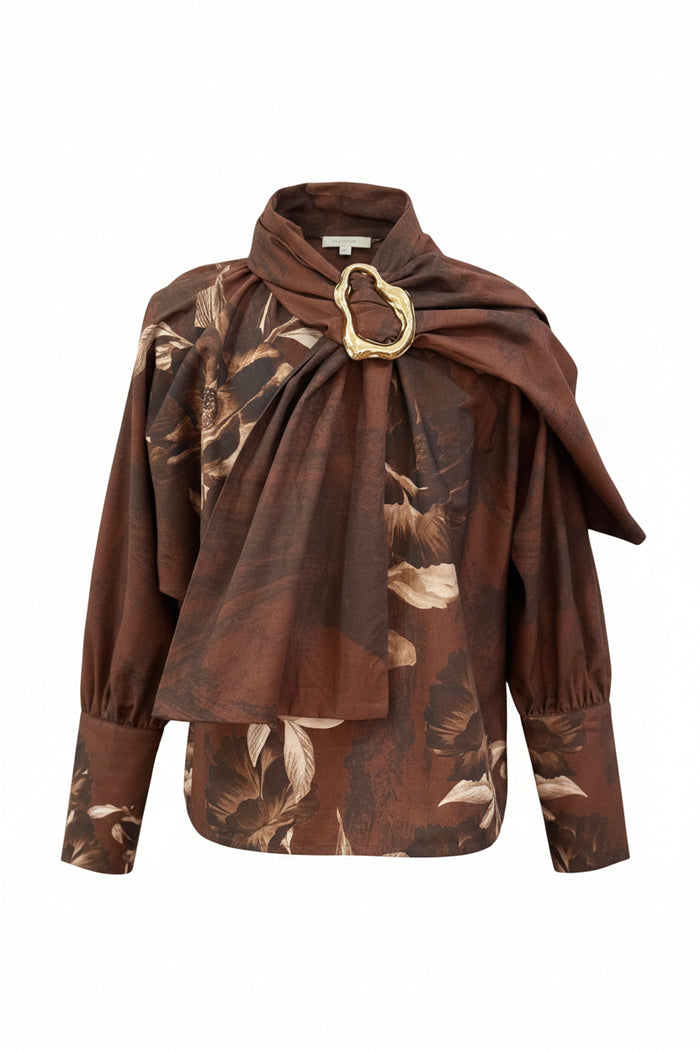 shirt l/s floral print neck tie - brown floral-125