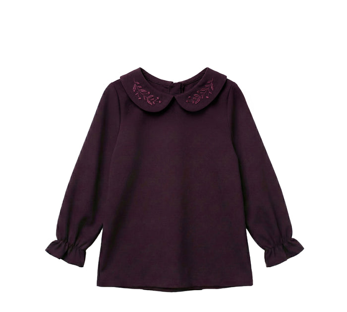 shirt l/s vintage wool embroidered peter pan collar - plum