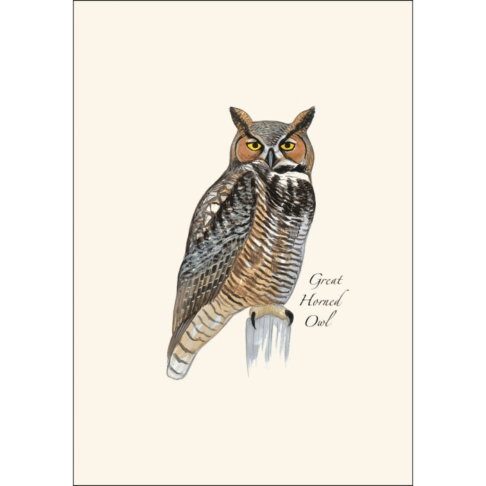 A cream greeting card featuring an illustration of a Great Horned Owl.