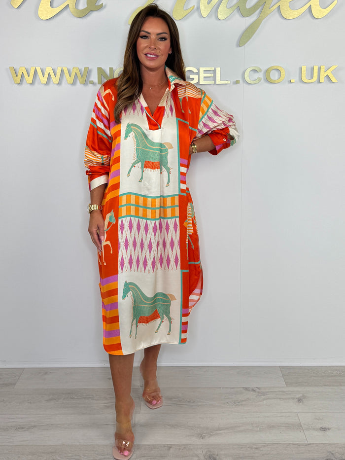 Silk Mix Orange/Cream Horse Print V-Neck Oversize Dress