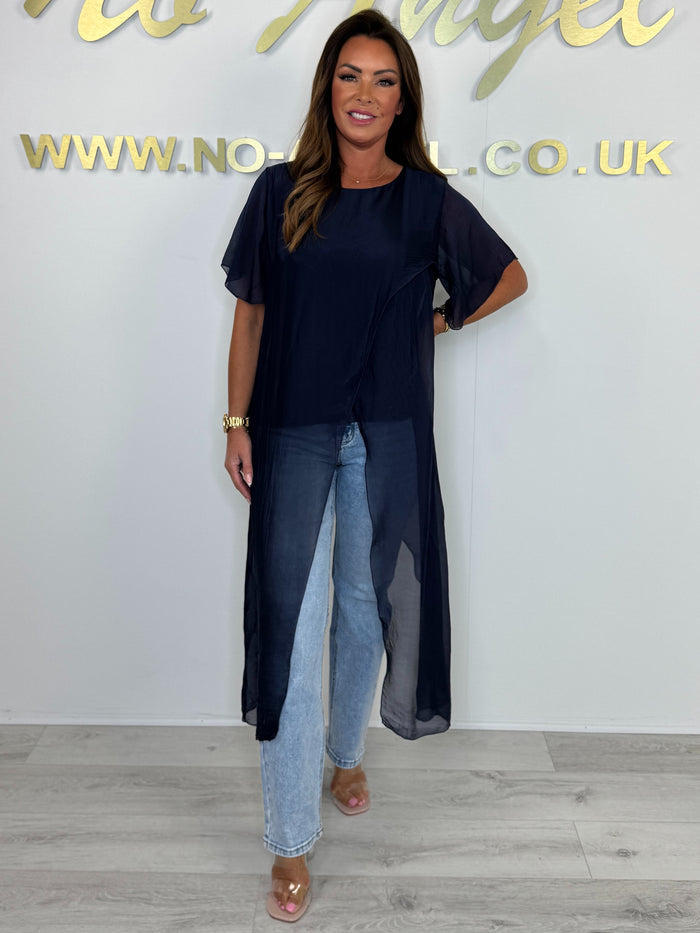 Silk Mix Short Sleeve Cross Over Longline Top (3 Colour)