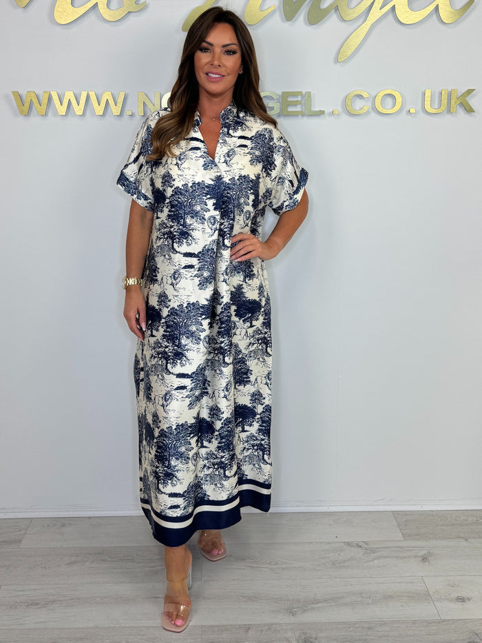 Silk Mix Tree/Animal Pattern V-Neck Short Sleeve Maxi Dress (3 Colours)