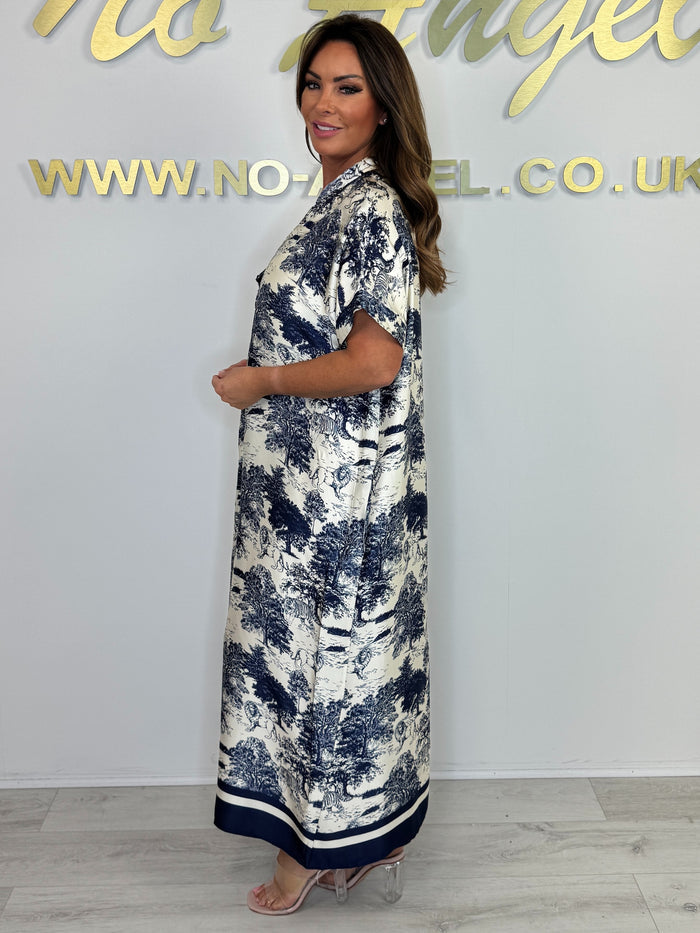 Silk Mix Tree/Animal Pattern V-Neck Short Sleeve Maxi Dress (3 Colours)
