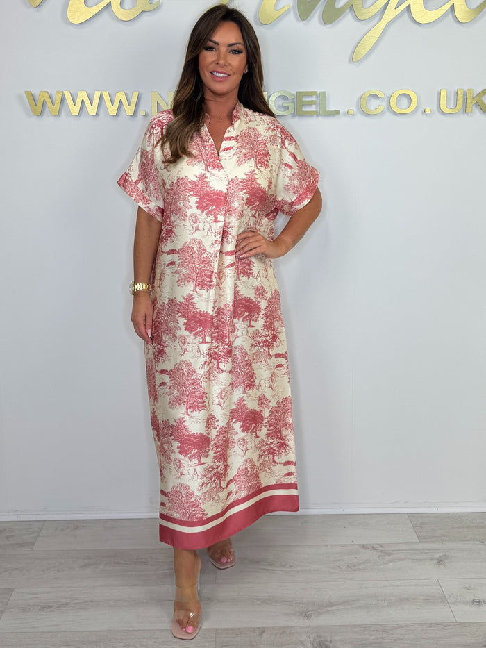 Silk Mix Tree/Animal Pattern V-Neck Short Sleeve Maxi Dress (3 Colours)