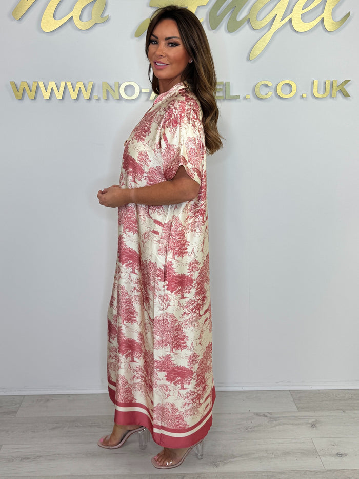 Silk Mix Tree/Animal Pattern V-Neck Short Sleeve Maxi Dress (3 Colours)