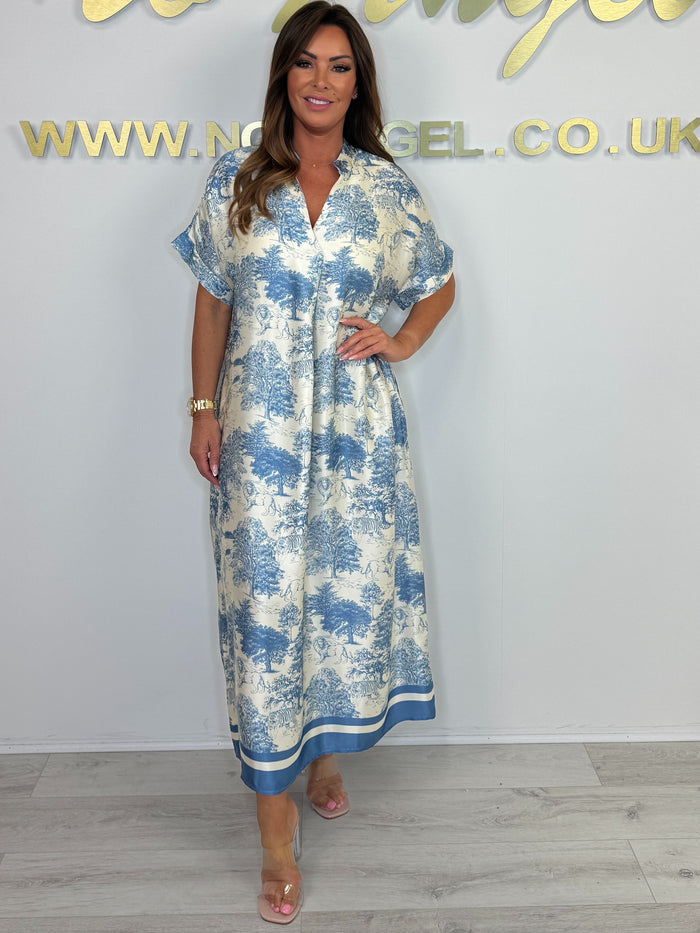 Silk Mix Tree/Animal Pattern V-Neck Short Sleeve Maxi Dress (3 Colours)
