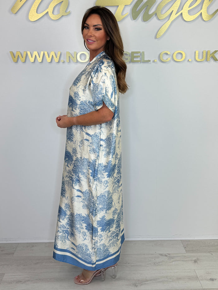Silk Mix Tree/Animal Pattern V-Neck Short Sleeve Maxi Dress (3 Colours)
