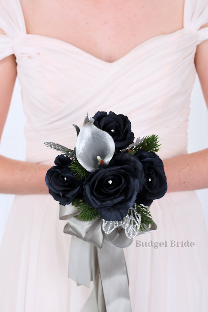 Silk Wedding Bouquet in Silver and Navy - $39.50 | Refuge Collection