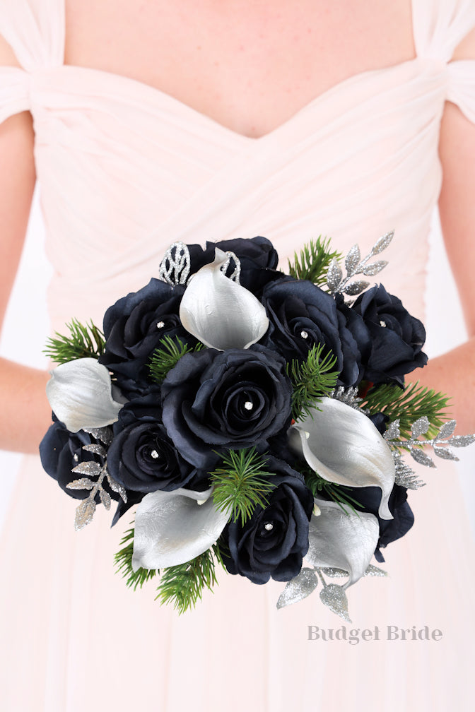 Silk Wedding Bouquet in Silver and Navy - $39.50 | Refuge Collection